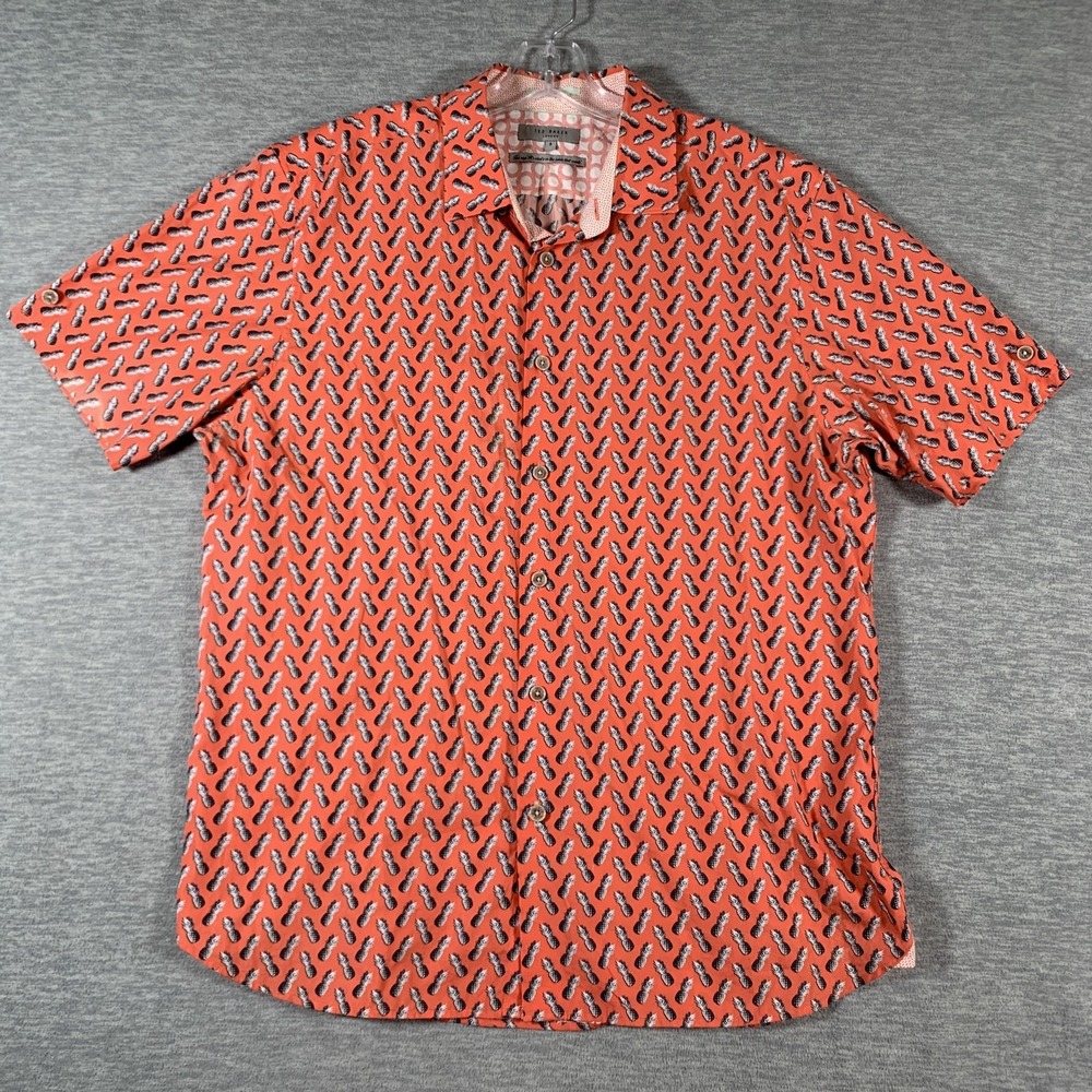 Ted Baker Shirt Mens Large‎ Orange Pineapple Print Short Sleeve Button Front